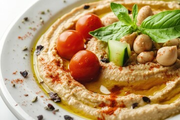 Hummus on plate, white background. AI generated illustration.