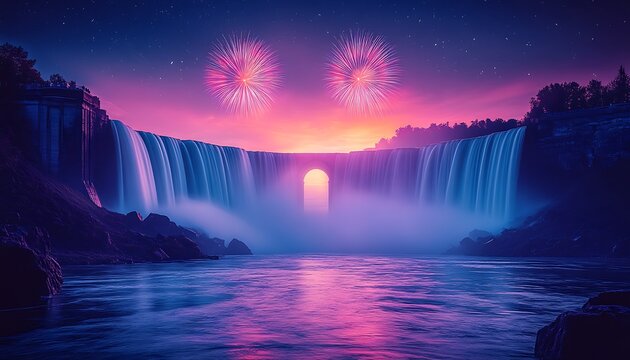Majestic waterfall fireworks display at twilight over calm waters beautiful landscape