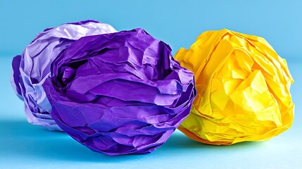 Three crumpled paper balls in purple, yellow, and light blue colors against a blue background