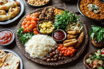 Iftar plate, white background. AI generated illustration.