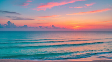 Obraz premium Golden sunlight painted the summer sky with red and orange hues as the sun dipped below the sea's horizon, reflecting its beautiful color on the calm water near the beach