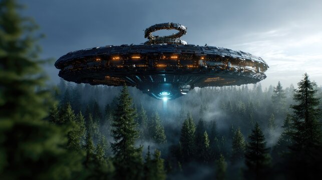 A futuristic flying object hovers above a misty forest.