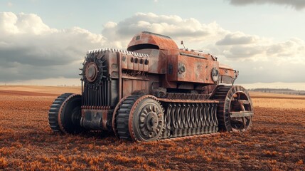 Fototapeta premium Rusty Post-Apocalyptic Tractor in a Brown Field