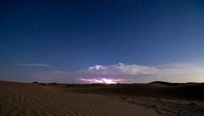 A vast, empty desert under a star-filled sky with a distant lightning storm