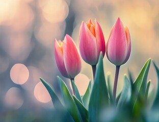 Fototapeta premium Three pink tulips with green leaves in a blurred background