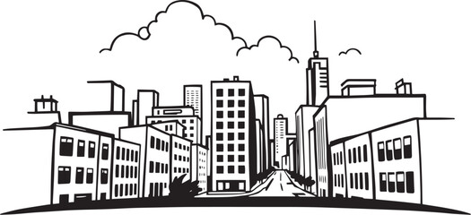 Obraz premium City landscape. Line urban backdrop. Skyline with clouds, different buildings on street, doodle street draw, outline cityscape hand sketch, flat houses. Hand drawn vector illustration 
