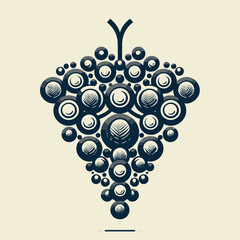 Stylized black grape cluster illustration with circular patterns on light background and copy space