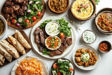 Iftar plate, white background. AI generated illustration.