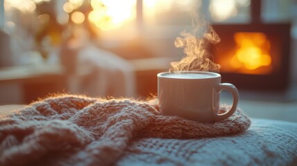 Cozy atmosphere with a steaming cup of coffee in front of a fireplace 