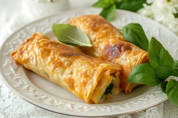 Kalem borek on plate, white background. AI generated illustration.