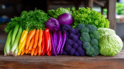 A rainbow of fresh vegetables, from green onions to cabbage, arranged on a wooden surface