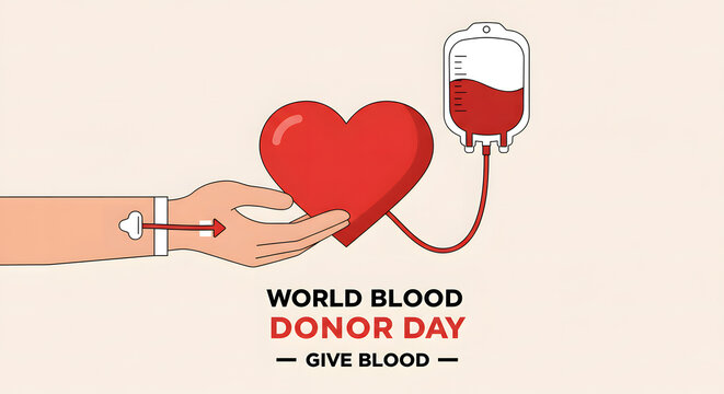 Hand donating blood with heart symbol for World Blood Donor Day  