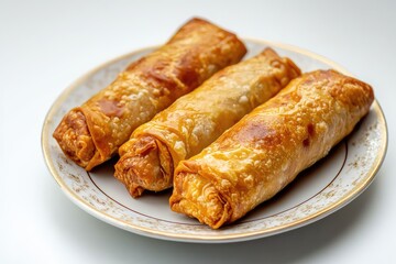 Kalem borek on plate, white background. AI generated illustration.