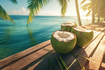 Obraz premium Coconuts on wooden table, ocean backdrop.