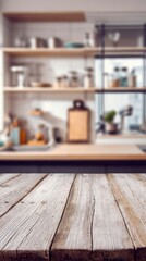 Rustic wooden table in a bright kitchen setting, showcasing a blurred background with shelves and utensils creating a cozy and inviting atmosphere for culinary creations