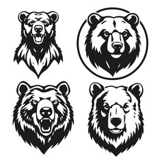 Set of bear heads, wild animal emblems, aggressive bear faces, black grizzly design, forest predator