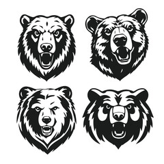 Set of bear heads, wild animal emblems, aggressive bear faces, black grizzly design, forest predator