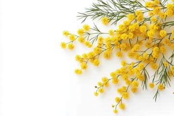 Yellow Mimosa Flowers with Green Foliage on White Background, Minimalist Spring Floral Arrangement.