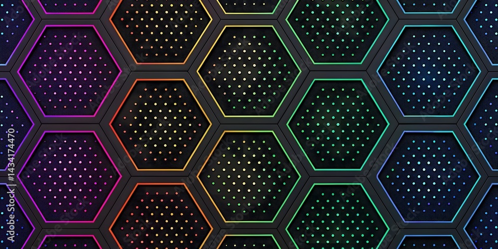 Poster vibrant hexagon grid a mesmerizing display of rainbow-hued dots within a sleek, dark geometric patte