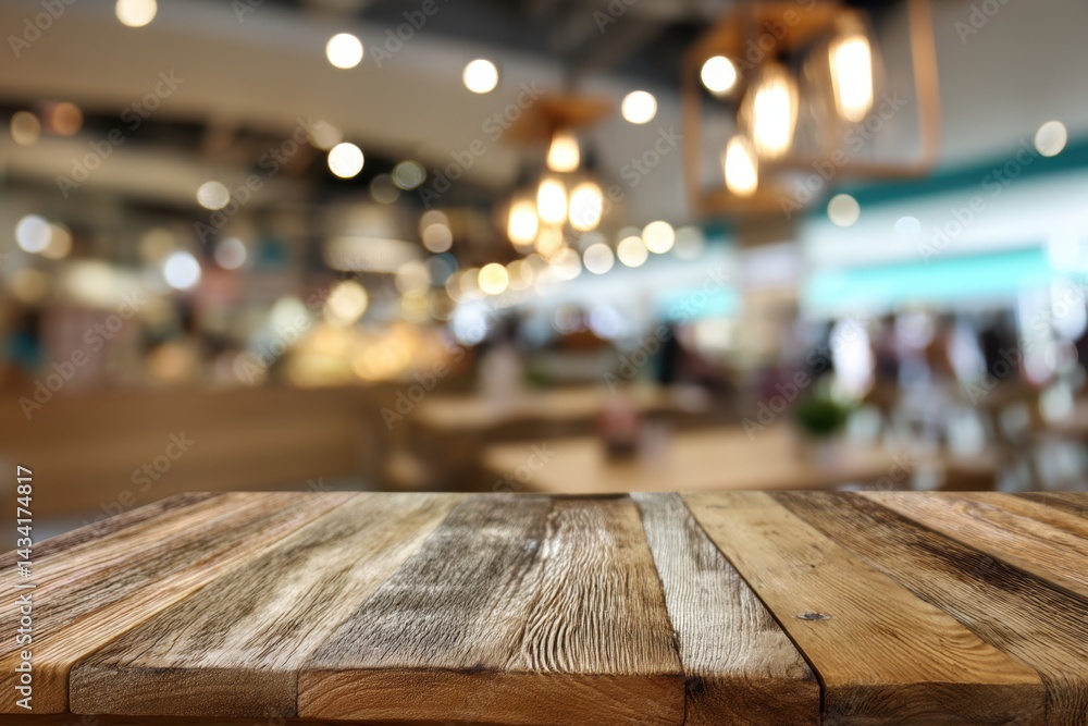 Poster rustic wooden table surface against blurred cafe background creating inviting and warm atmosphere pe