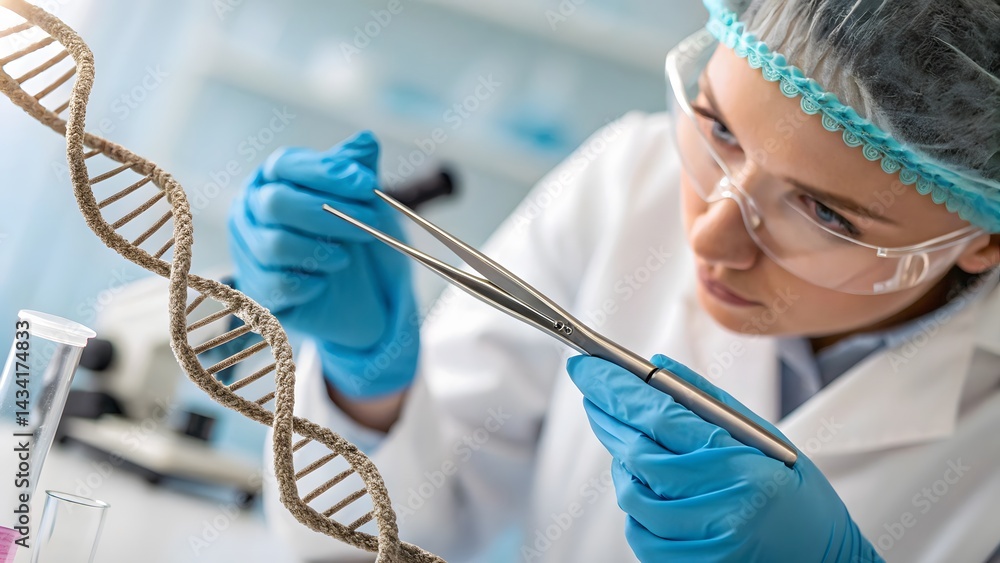 Poster a scientist meticulously examines a dna strand using precision tweezers in a laboratory setting, a c