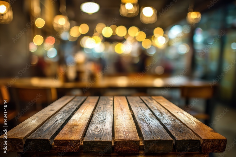 Aufkleber rustic wooden table surface in a warmly lit restaurant with blurred background and bokeh lights capt