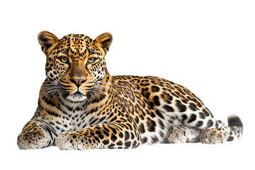 Fototapeta premium Relaxed Leopard with Tan Coat and Green-Yellow Eyes on Transparent Background Looking at Viewer