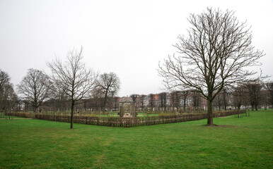 Scenic Alcove Surrounded by Hedges in Parkland Adjacent to Rosenborg Castle, Copenhagen, Denmark, 16 April 2018