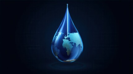 Fototapeta premium Conceptual water drop containing world map on dark background representing global water conservation and environmental awareness in a clean and modern style