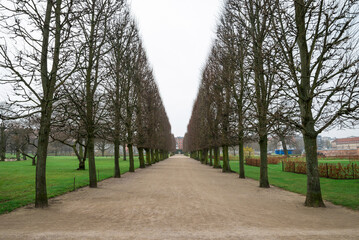Symmetrical Alley Surrounded by Tree Rows in a Scenic Park Adjacent to Rosenborg Castle, Copenhagen, Denmark, 16 April 2018