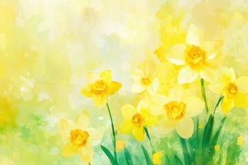 Fototapeta premium Watercolor Daffodils in Spring Sunlight Artistic Floral Background with Yellow and Green Hues Gentle Brushstrokes and Bright Cheerful Mood Perfect for Seasonal Projects