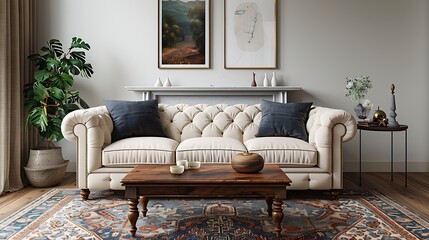Elegant cream chesterfield sofa with carved wood coffee table and classic interior high resolution picture