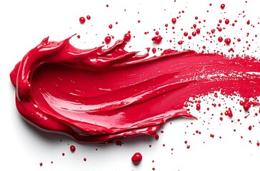 Vivid red paint swatch on white background with splatters and brushstrokes