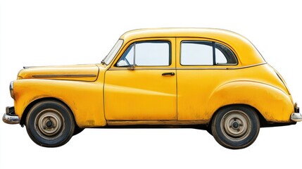 Vintage yellow car side view showcasing classic design and retro style against a clean white background capturing automotive history and nostalgic charm