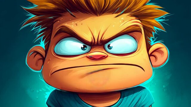 Cartoon style illustration of an angry boy with furrowed brows and light blue eyes, set against a dark teal background.