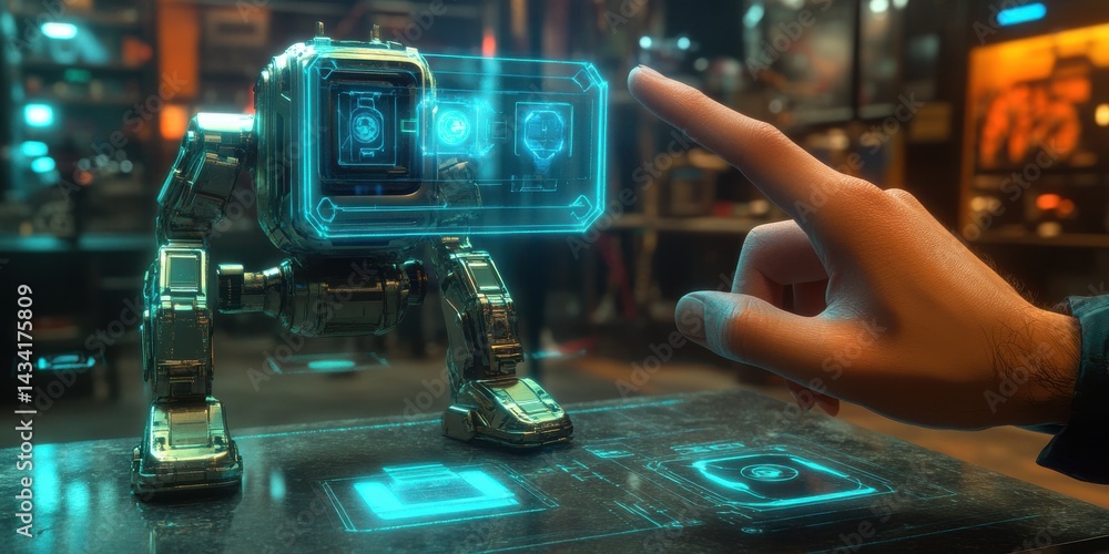 Poster a stylized hand interacting with a holographic projection of a robot in a virtual lab showcasing ros