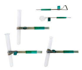 Clear chemical glass probe tube in vintage metal pliers top, bottom, angle, side views isolated on white