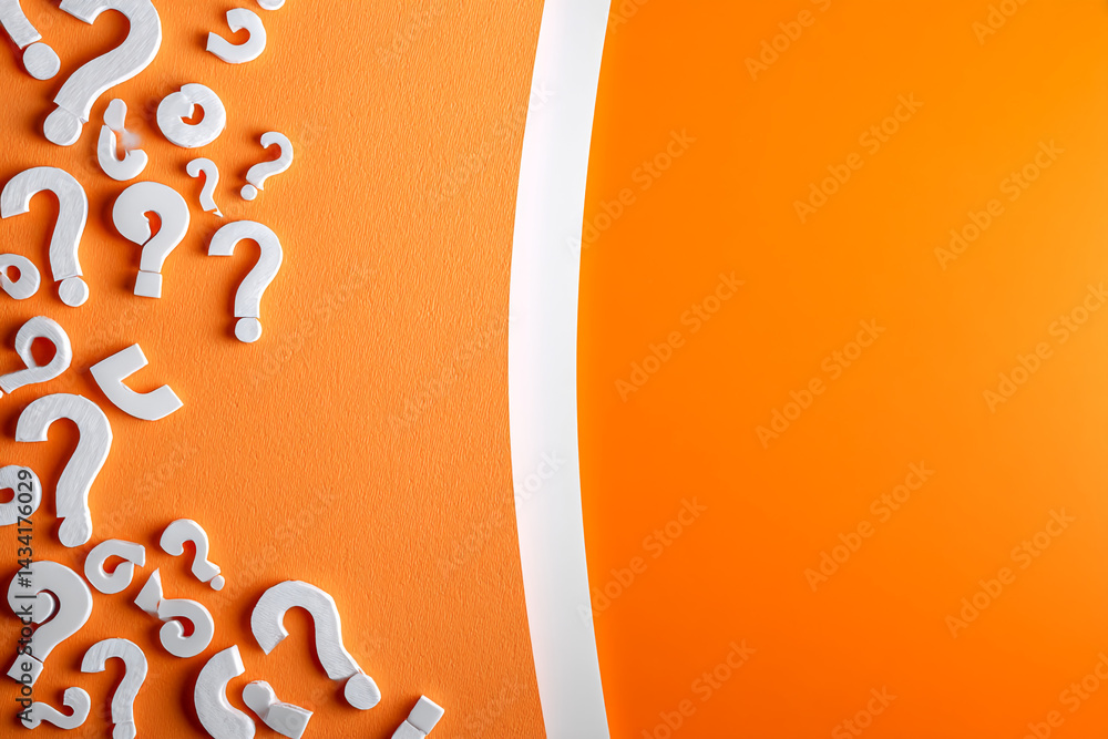 Poster orange background with scattered white question marks, leaving ample free space for text or logo pla