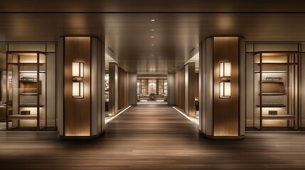 Elegant interior hallway with warm lighting and wooden accents