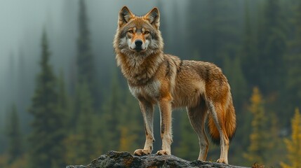 Fototapeta premium Majestic lone wolf atop a misty mountain