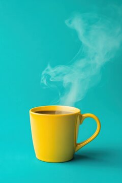 Steaming Coffee Cup on Teal Background Aromatic Morning Beverage Freshly Brewed Drink in Yellow Mug Warmth and Comfort Simple Still Life Photography Minimalist Style