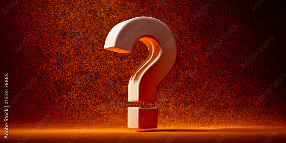 Poster white question mark on orange textured background, showcasing mystery and inquiry, ideal for help or