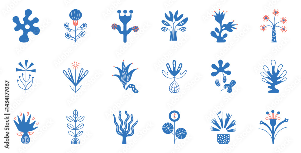 Aufkleber whimsical floral design set with abstract shapes in blue and red retro botanical elements flat vecto