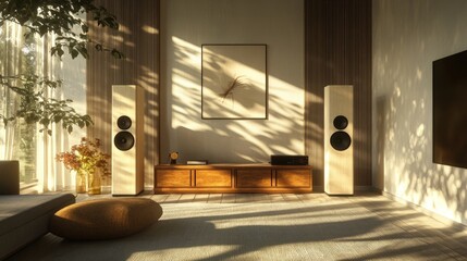 Sunlit Modern Living Room with Wooden Speakers and Minimalist Decor