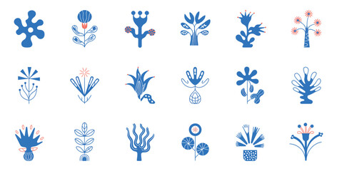 Whimsical Floral Design Set With Abstract Shapes In Blue And Red Retro Botanical Elements Flat Vector Illustration Isolated On White