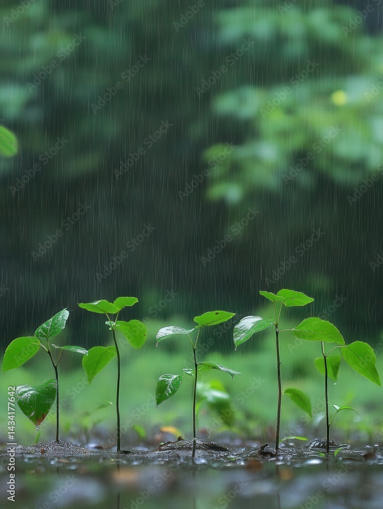 Poster serene rain falling on young saplings in a lush forest environment creating a peaceful and rejuvenat