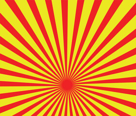 Yellow and red banner with Sun rays, yellow comic background. Sunburst background