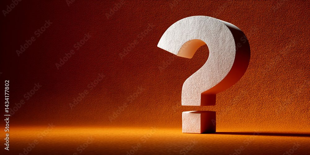 Poster White question mark on orange textured background,  symbolizing inquiry, uncertainty, or the need for answers, perfect for websites or presentations needing a question element