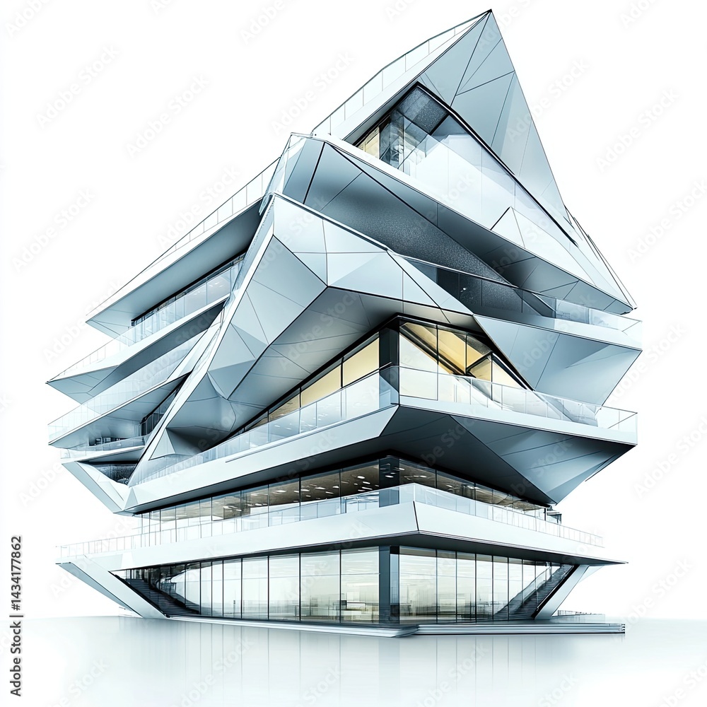 Poster architectural structure showcasing geometric design with reflective glass and sharp edges against a 