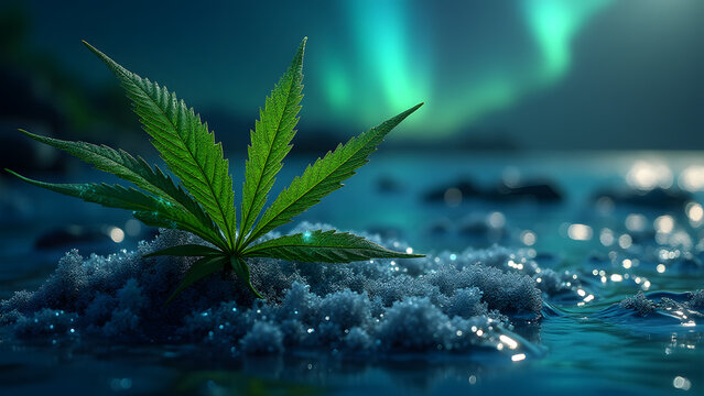 Cosmic tidepool leaves. Stardust veins swirl in celestial brine under northern lights. - Powered by Adobe